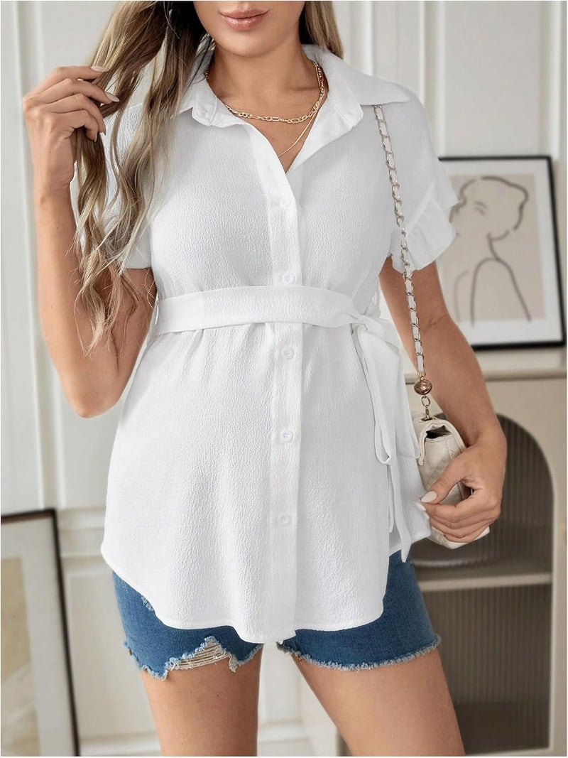 MakeMeChic Women's Maternity Blouse Short Sleeve Collar Belted Button Down Pregnancy Shirt - Image 5